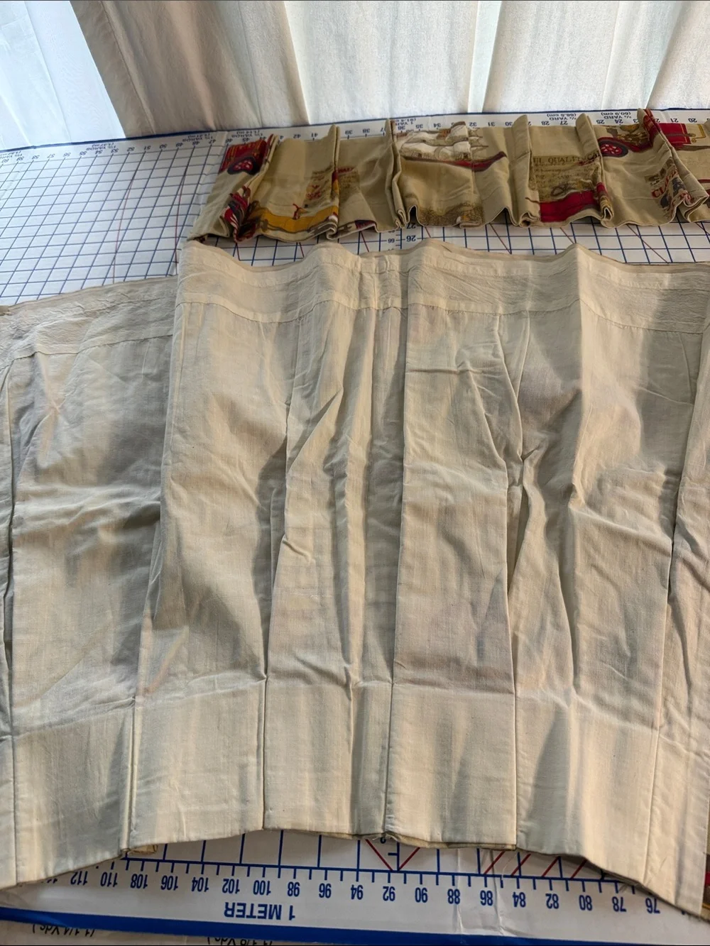 Vintage Mid Century Novelty Kitchen Curtain Set Cars Trains Ships Fire Engines